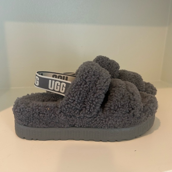UGG Charcoal Fluffy Platform Slides